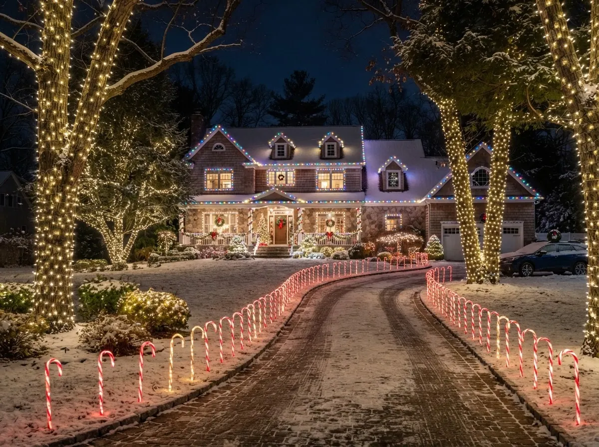 Driveway lined with candy cane lights and wrapped trees