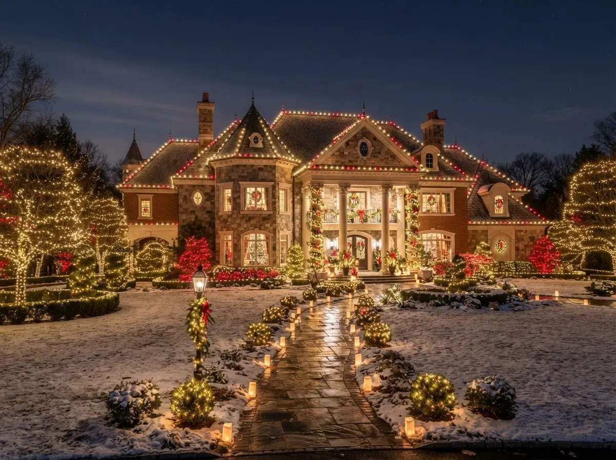 Grand Long Island estate with elaborate professional Christmas & holiday lighting