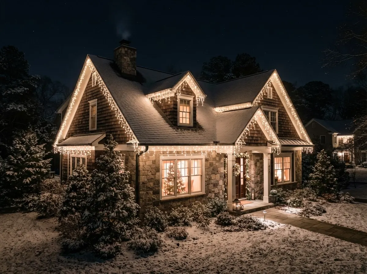 Elegant warm white icicle lights along a home roofline