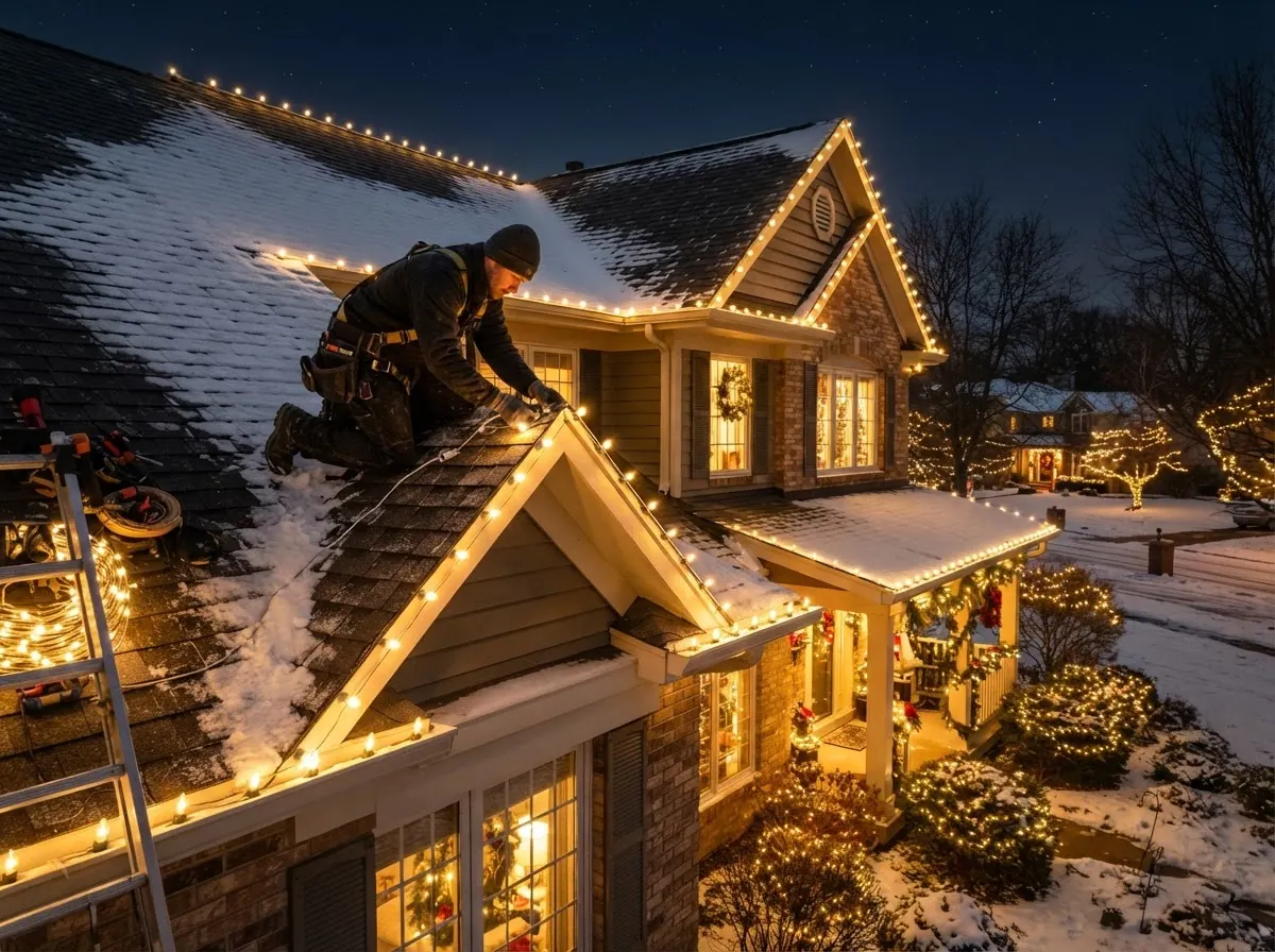 Professional installer hanging roofline Christmas & holiday lights