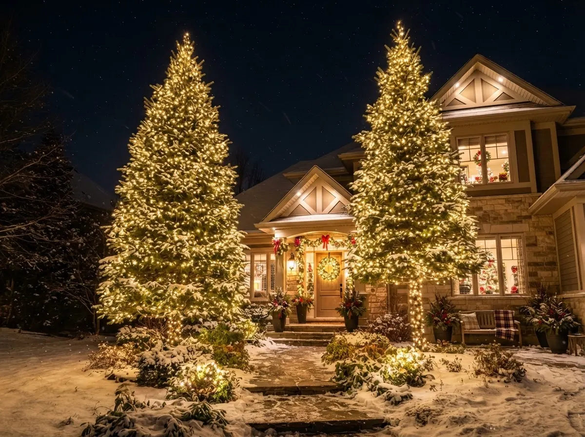 Two tall evergreen trees wrapped in warm white string lights